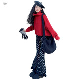 女童2025秋冬新款新年红拉链毛线衣圆点毛线喇叭裤女大童复古穿搭，童装毛衣，祺儿童装