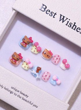 儿童穿戴甲纯手工高颜值美甲小孩可爱卡通KT小猫蝴蝶结假指甲贴片