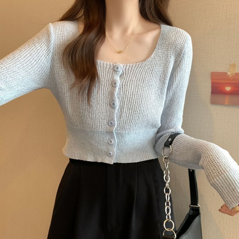 纯欲风长袖针织衫单排扣方领