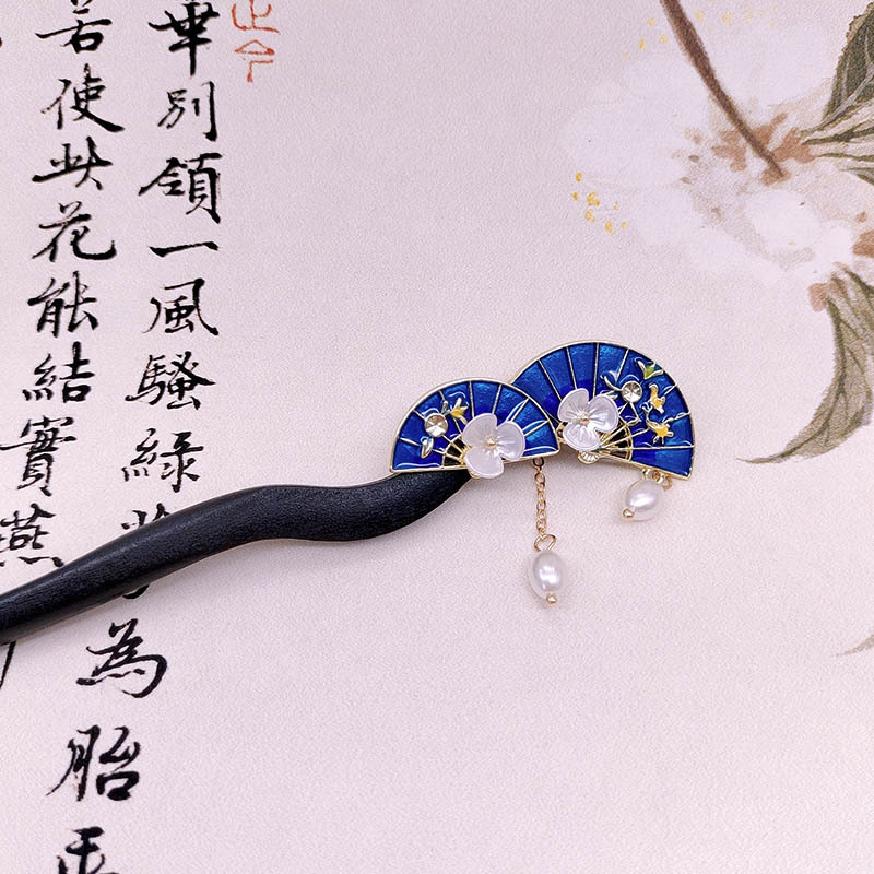 蓝色扇子滴油花朵木簪女新中式珍珠流苏发钗复古旗袍国潮头饰簪子
