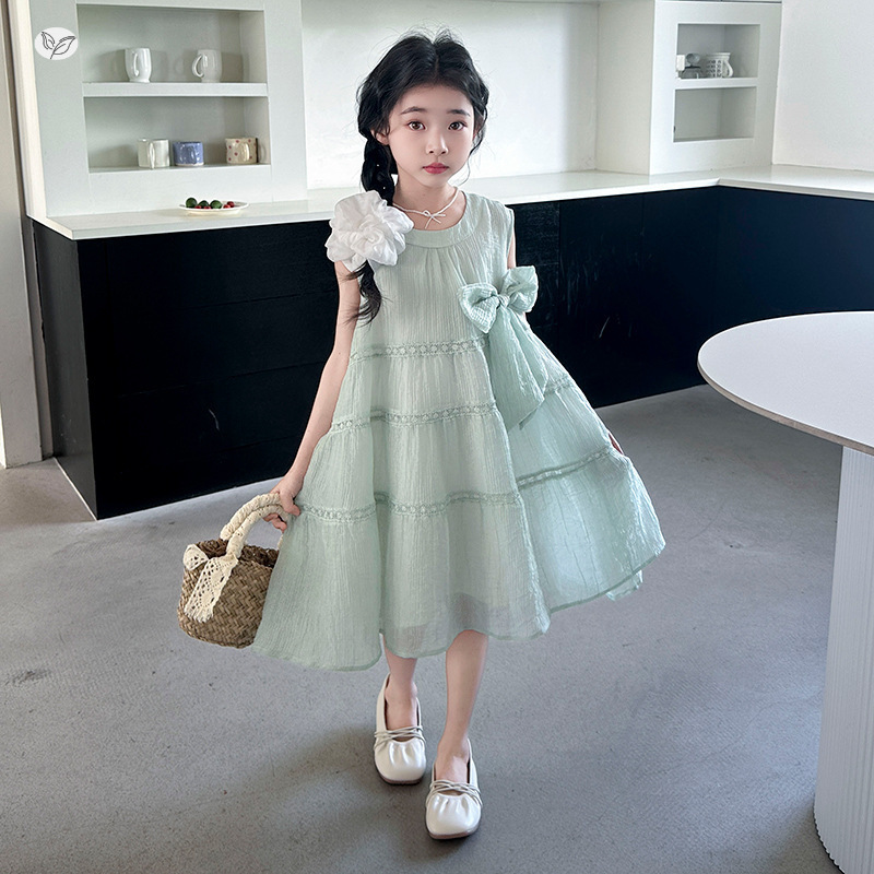 女童夏连衣裙2025新款韩系无袖蝴蝶结公主裙中大童A字裙蓬蓬裙潮，童装连衣裙，祺儿童装