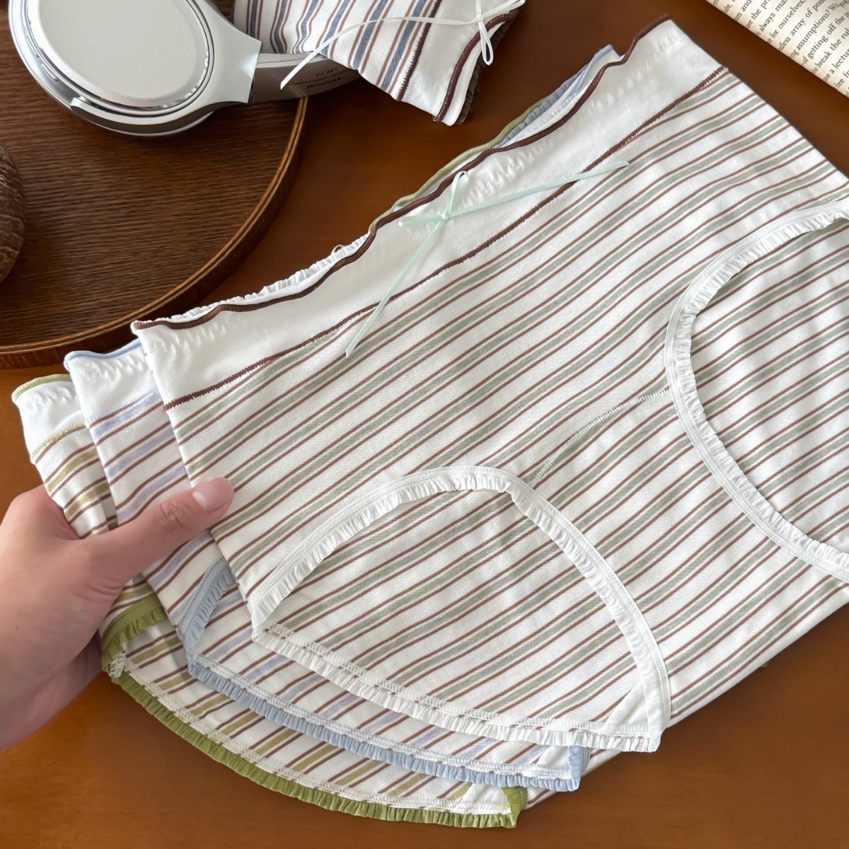 糯谜~治愈条纹甜美少女内裤肤感荷叶三角裤A类纯棉加长裆10A抑菌