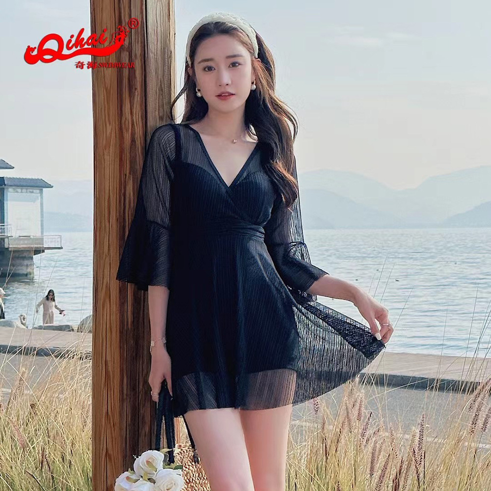 奇海新款成人女士连体裙式游泳衣黑色大码休闲泳装23166