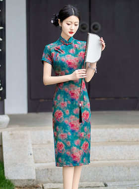 桑梓之花旗袍2025夏季新款大气优雅中长款复古走秀短袖连衣裙厂家