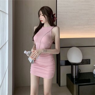 性感夜店圆领无袖背心伪娘变装衣服包臀裙女装大佬皱褶大码连衣裙