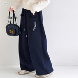 女童秋冬加绒卫裤2025新款刺绣阔腿裤中大童休闲直筒裤设计感长裤，童装裤子，祺儿童装