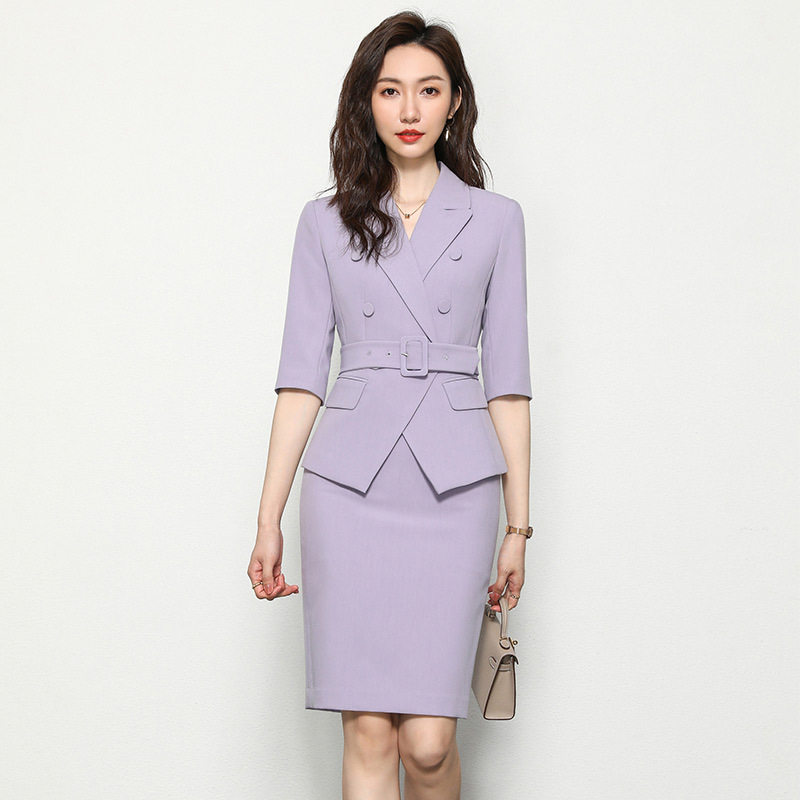 主持人正装中袖紫色职业套装礼服