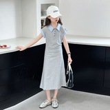 女童夏连衣裙2025新款韩版条纹领POLO裙中大童A字裙收腰中长裙P65，商品下架区，祺儿童装