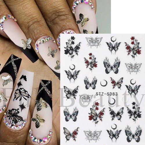 浮雕5D黑蝴蝶玫瑰花美甲贴纸
