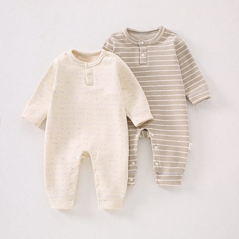 婴儿秋冬无骨条纹连体衣哈衣家居服婴幼儿羊毛蚕丝爬服加绒