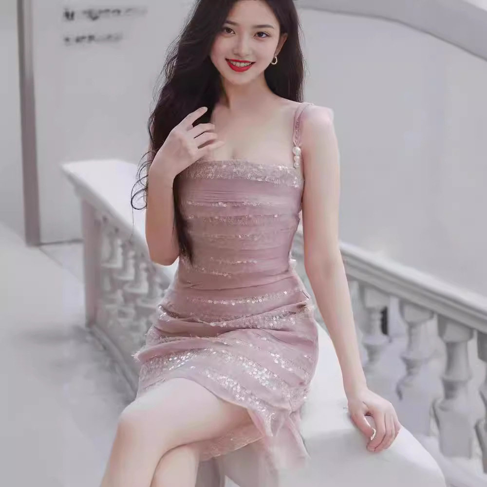 越南设计师人鱼姬叠层亮片珍珠肩带收腰A字裙珍珠吊带短裙敬源
