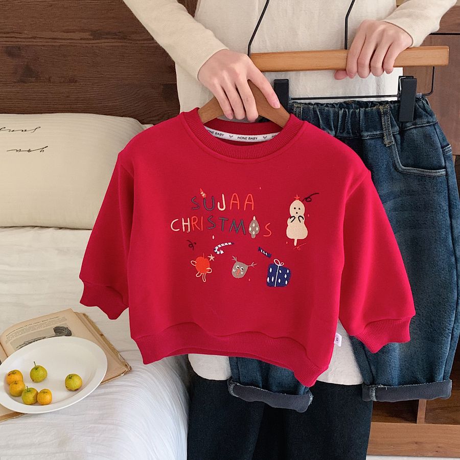 儿童加绒卫衣2024冬季新款儿童圣诞重工刺绣长袖红色年服套头衫潮