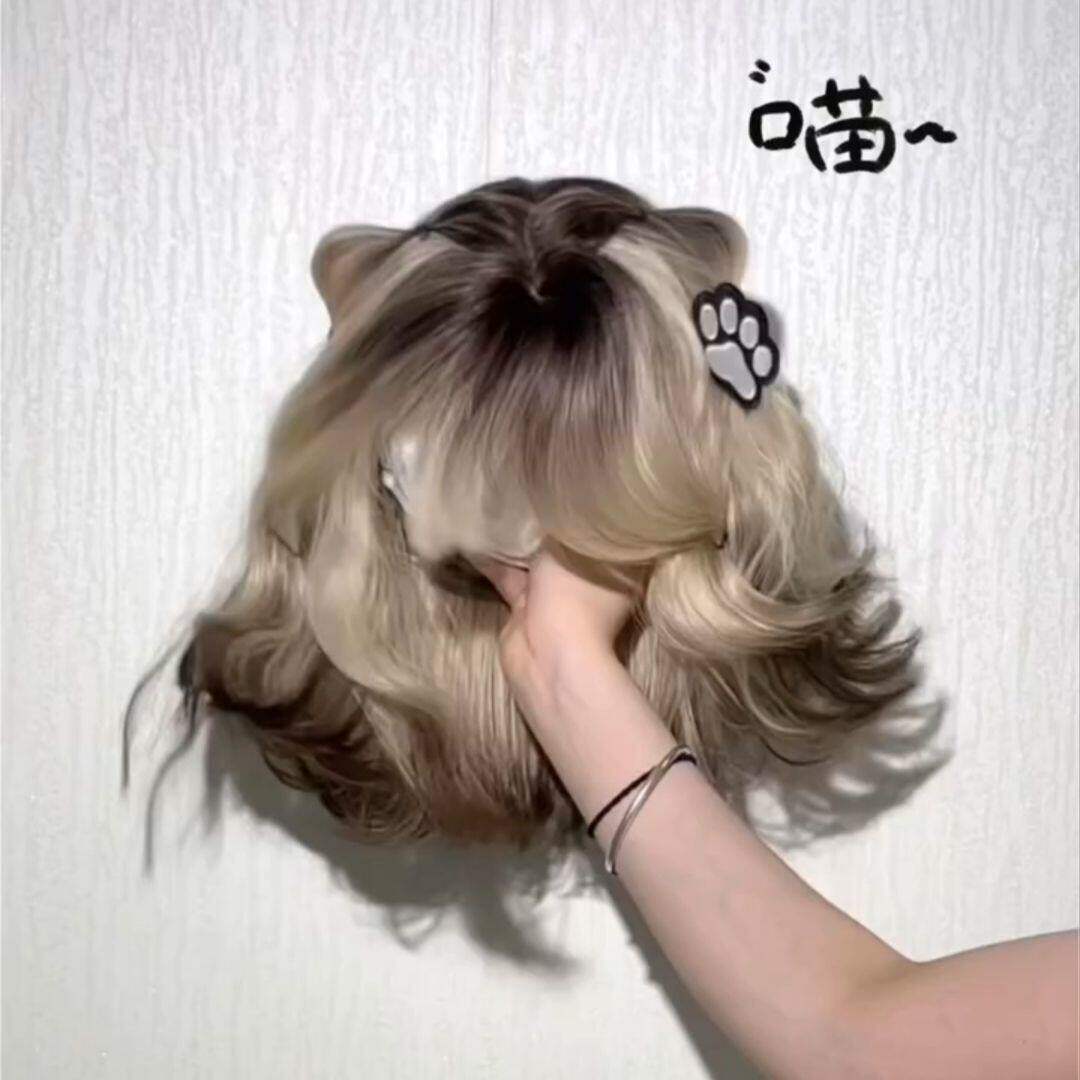 【暹罗猫耳】气质假发女猫咪耳黑金渐变挑染卷发爆顶染仿真全头套