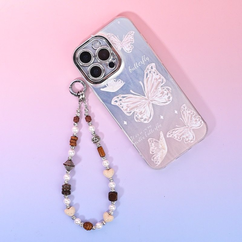高端ins风水钻蝴蝶结手机链水晶 双链珍珠挂饰创意链条级感车挂