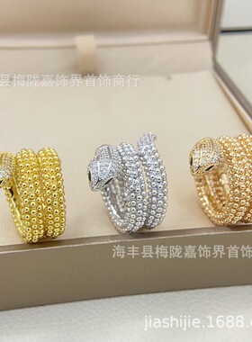 密言小金珠蟒蛇戒指轻奢镶钻蛇形弹力指环级感V金镀金珠珠戒指