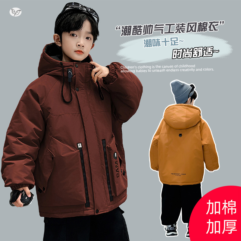 童2025年冬季新款大口袋夹棉户外冲锋衣中大童冬季保暖派克服潮，童装棉衣，祺儿童装