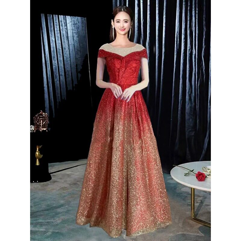 民族大合唱团演出服女成人红歌比赛古筝演奏年会主持人渐变礼服裙