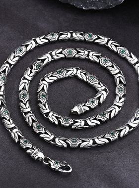 小众银饰男士s925纯银项链霸气精工平安纹绿锆石拼接项链情侣女链