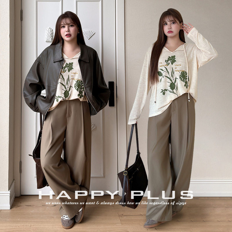 happyhut加肥加大码女装200斤胖mm秋户外系带宽松T恤皮衣外套套装