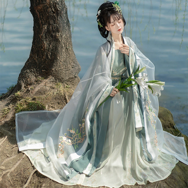花语原创汉服女成人宋制绿色仙气超仙齐腰吊带裙古风改良古装夏季