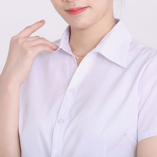 职业短袖竖条纹白衬衫蓝色粉色大码工装衬衣修身气质时尚正装