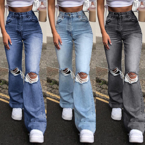 ladies pants knee ripped Jeans flared trouser 女士破洞牛仔裤