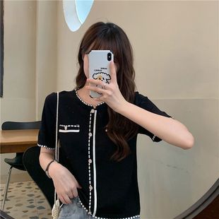 设计感气质修身 法式 新款 小香风圆领短袖 百搭上衣ins 针织T恤女夏季