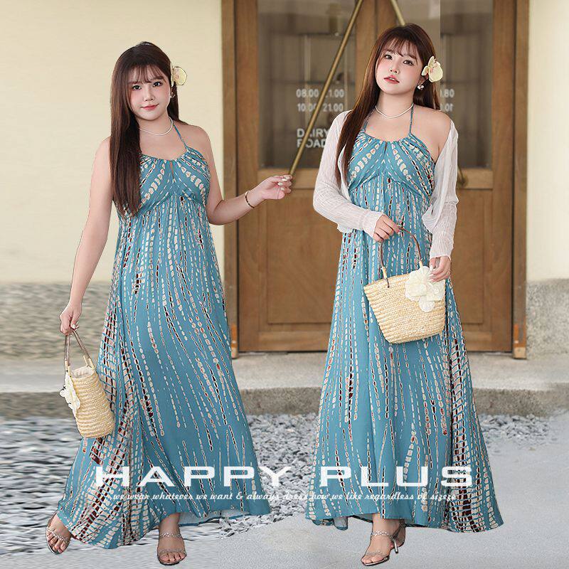 happyhut加肥加大码女装200斤胖mm夏法式度假V领挂脖吊带裙连衣裙