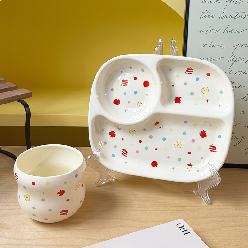 三格陶瓷分餐盘韩式可爱苹果一人食早餐盘ins风家用211脂专用盘子