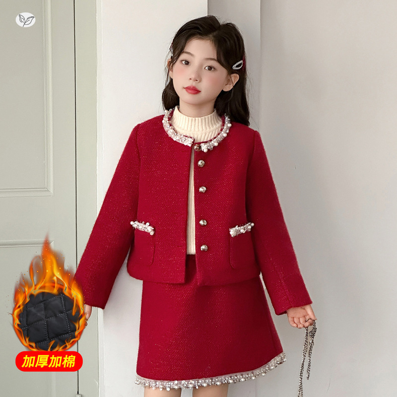 女童年服套装2025冬季新款小香风珍珠花边外套百褶裙两件套中大童，童装休闲套装，祺儿童装