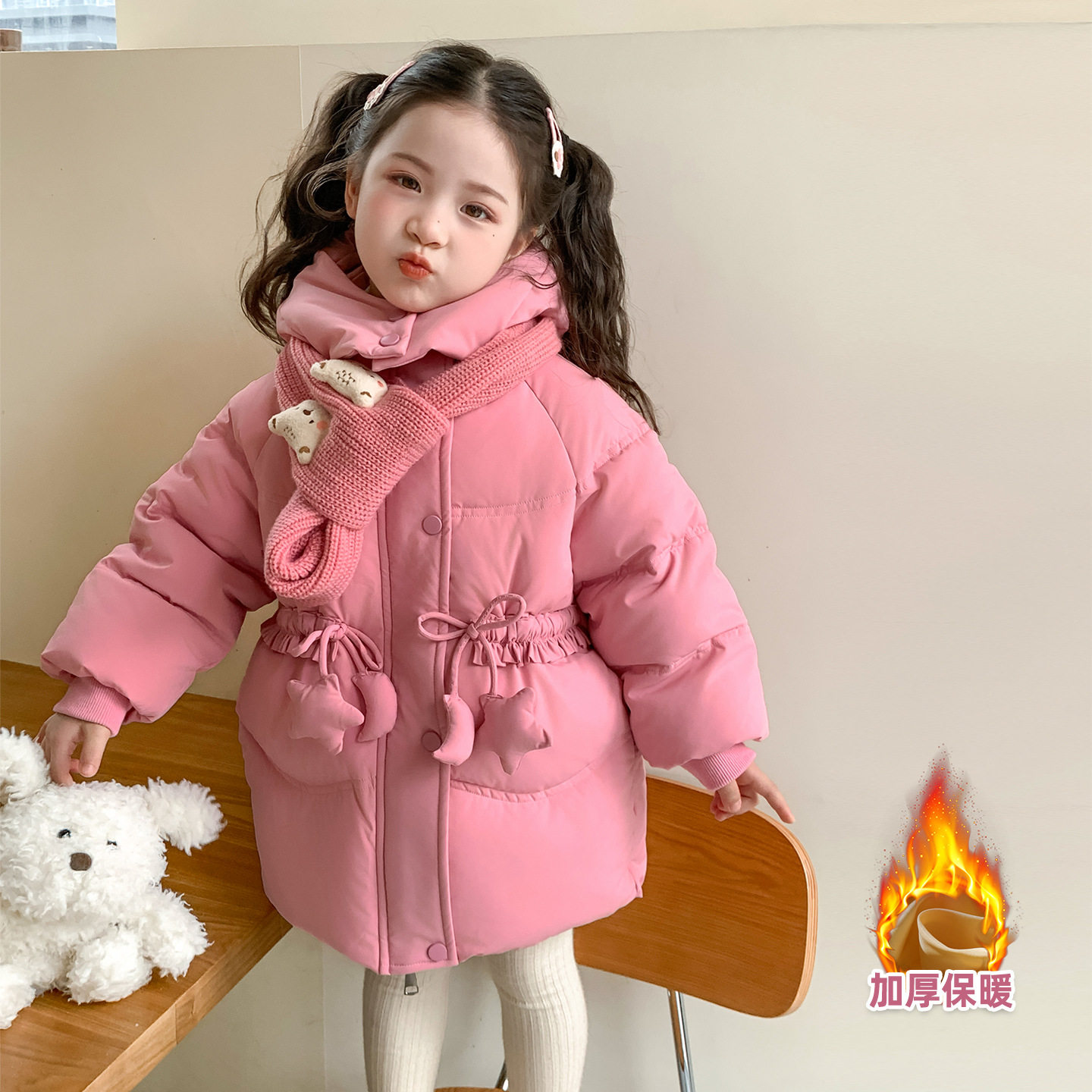 女童收腰棉服冬季2025新款洋气儿童韩范时髦加厚保暖冬装棉衣外套，童装棉衣，祺妙童装