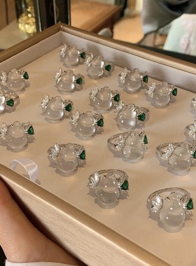 S925纯银冰种水沫玉葫芦福禄花仙子戒指新中式国风气质指环