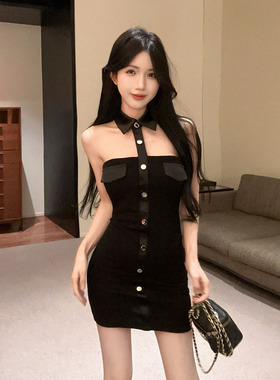 18YX6507欧美2025跨境外贸黑色挂脖抹胸连衣裙带胸垫紧身短裙