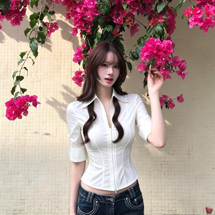 甜酷辣妹风白色拉链正肩短款衬衫女夏深V修身显瘦百搭休闲上衣