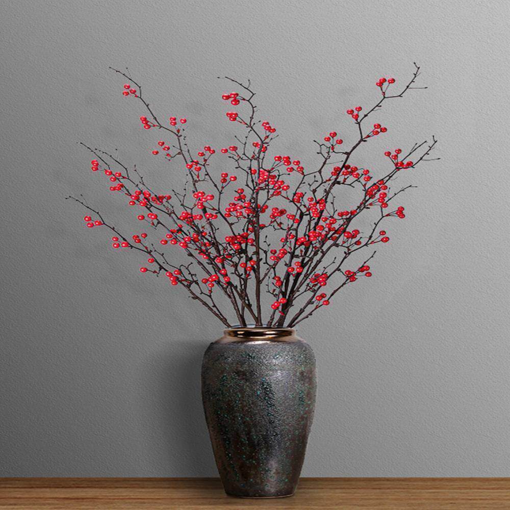 新品发财果花假花带花瓶结婚乔迁客厅装饰摆件冬青相思豆中式