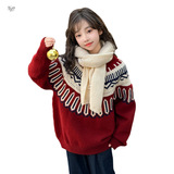 女童加厚毛衣2025年秋冬新款复古提花针织衫中大童撞色打底衫春秋，童装毛衣，祺儿童装
