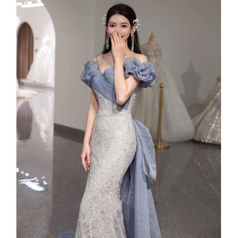 一字肩晚礼服女级感生日蓝色订婚连衣裙敬酒服新娘鱼尾法式年会