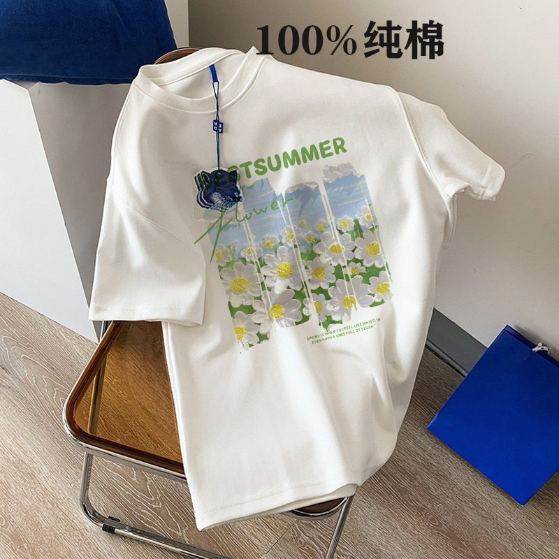 休闲纯棉短袖t恤女上衣夏季新款女装宽松内搭白色ins女款印花衣服