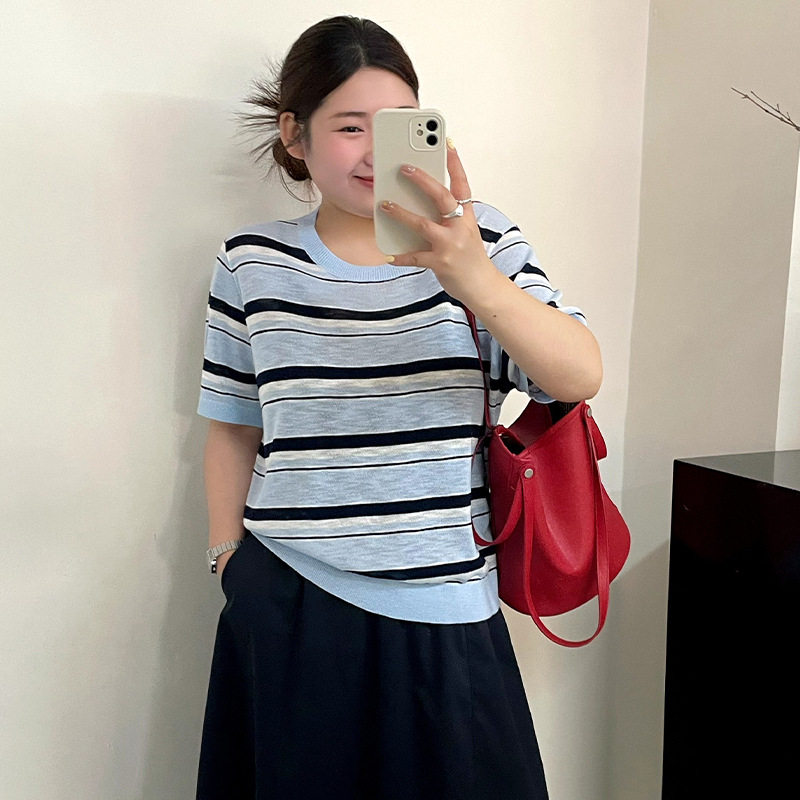 大码女装23792圆领撞色条纹衫2026夏款胖mm显瘦宽松针织短袖t恤女