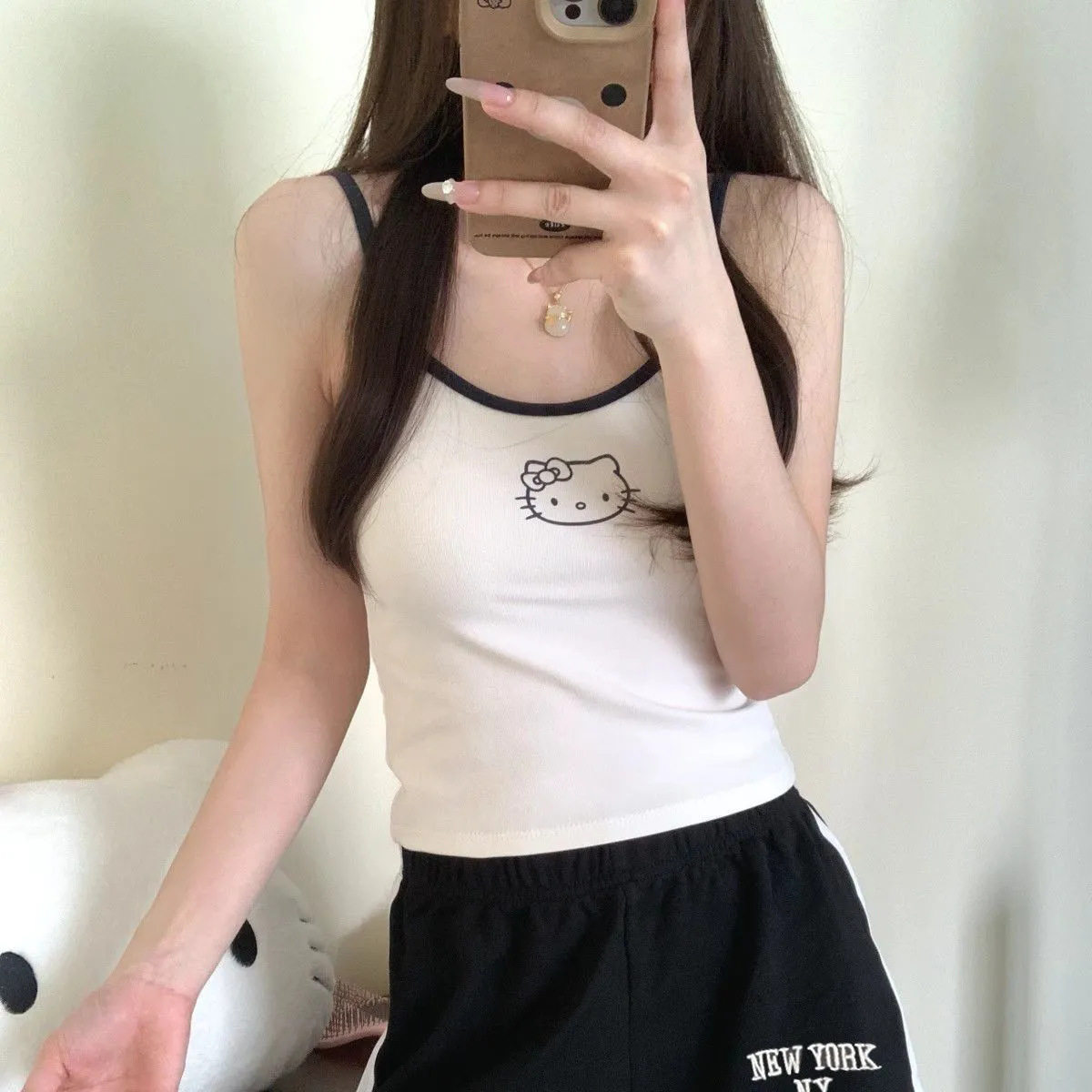 夏天少女KT猫吊带短裤睡衣女款2025新款夏季带胸垫纯棉家居服外穿