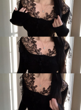 辣妹黑色蕾丝v领针织衫上衣女春装秋冬性感内搭打底毛衣时髦长袖