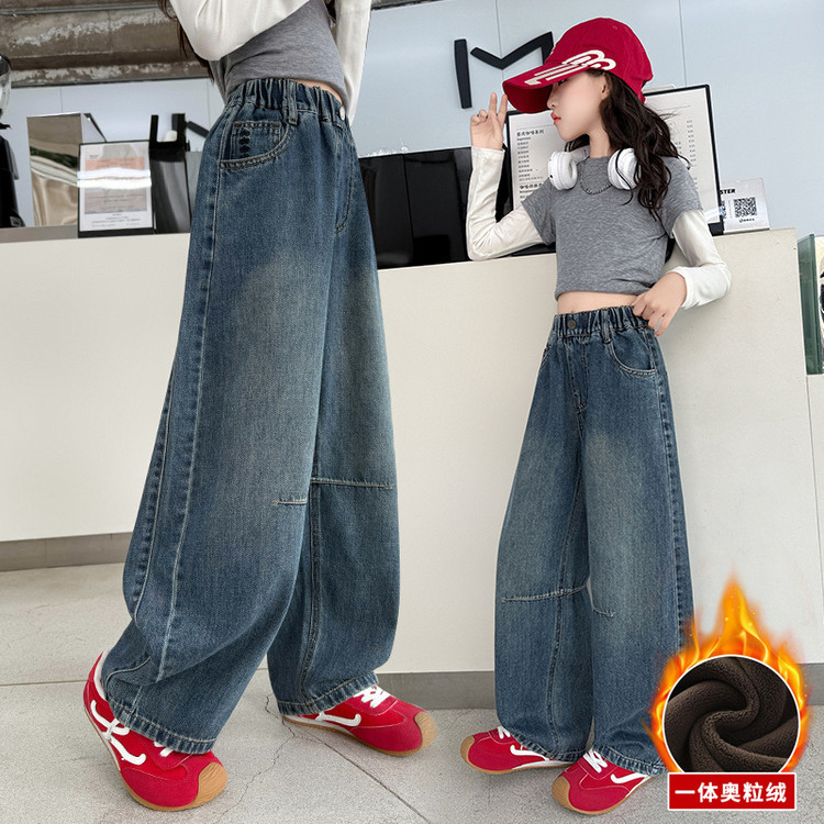 女童牛仔裤宽松阔腿韩式风春秋款女孩裤子儿童春装刺绣长裤超好看，童装裤子，祺儿童装