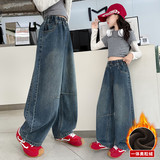 女童牛仔裤宽松阔腿韩式风春秋款女孩裤子儿童春装刺绣长裤超好看，童装裤子，祺儿童装