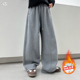 女童加绒长裤2025年秋冬新款休闲人字纹阔腿裤中大童保暖直筒长裤，童装裤子，祺儿童装