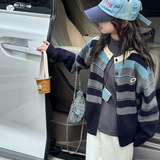 女童毛衣外套2025年秋季新款中大童韩系条纹针织开衫撞色春秋上衣，童装毛衣，祺儿童装