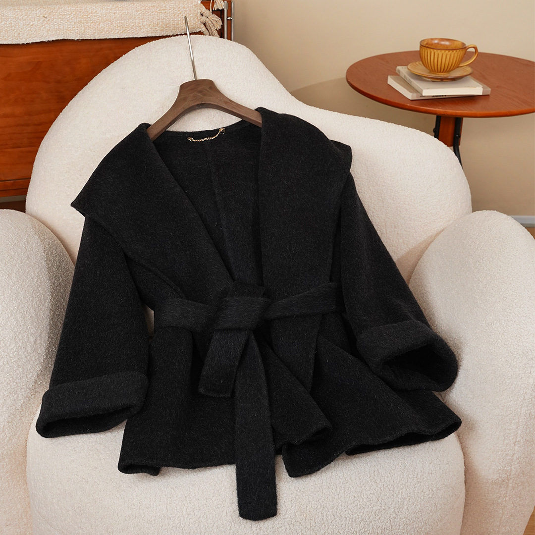 连帽中长款绵羊毛毛呢外套马海毛