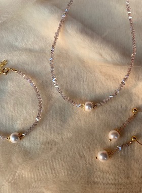 不规则灰紫水晶贝珠项链贝壳珍珠手链简约韩版复古耳环三件套首饰