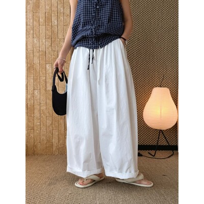 卢浮春夏新款日系简约慵懒感松紧抽绳宽松休闲裤多色显瘦长裤女