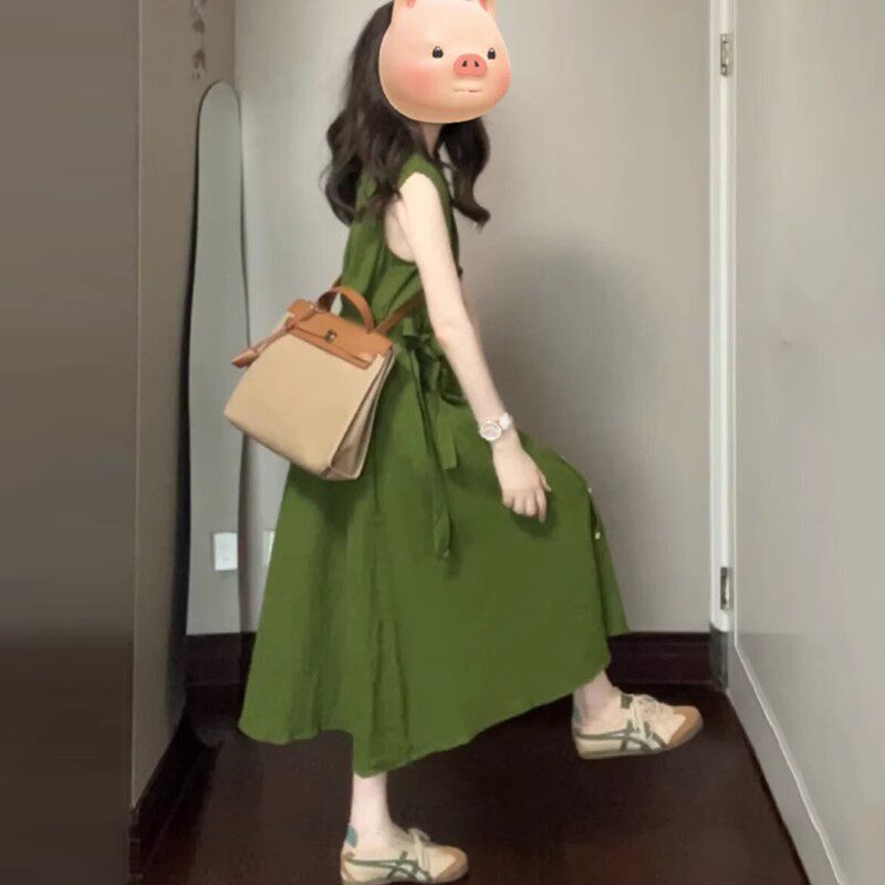 法式绿色翻领无袖连衣裙女夏季新款复古气质排扣长