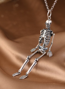 骷髅头银吊坠925银人骨架男款